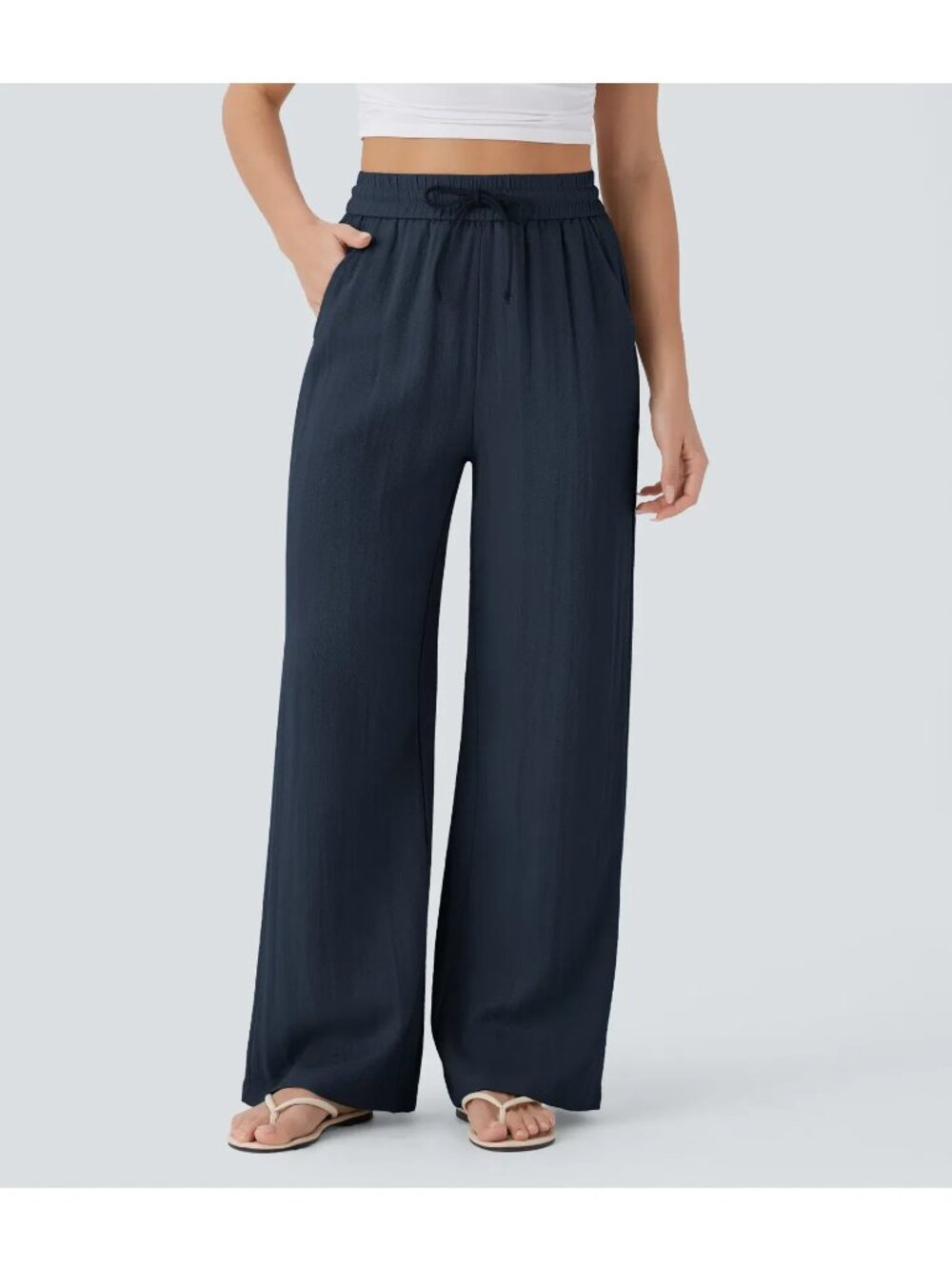 Halara size Medium High-Waist Wide-Leg Linen Pants Drawstring Pockets NEW Navy